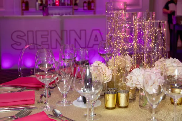 Sienna's Bat Mitzvah fairy light cylinders and hydrangea before the Sienna bar
