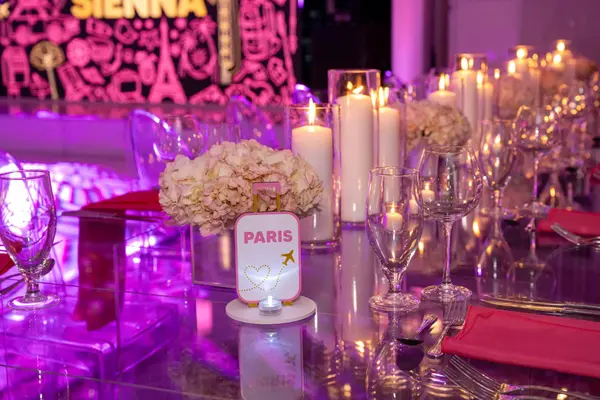 Sienna's Bat Mitzvah Paris suitcase table sign with candles and hydrangea