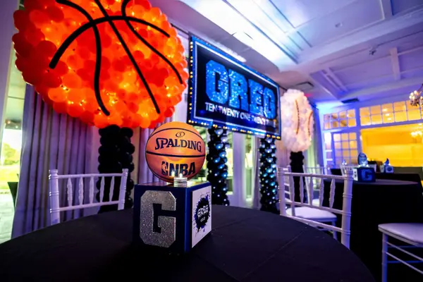 NBA basketball centerpiece in front of the giant basketball balloon