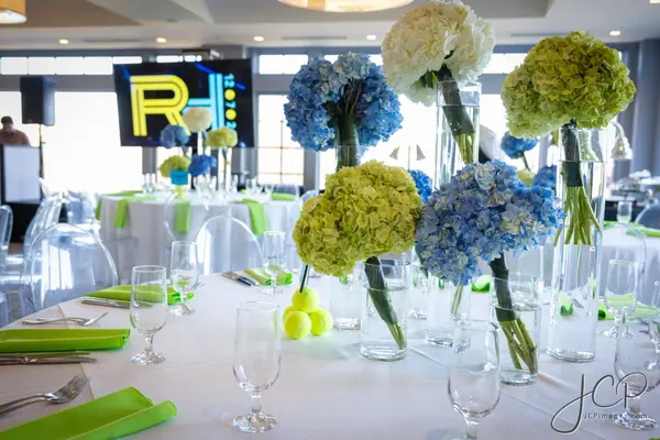 Hydrangea and tennis ball centerpiece at Ryan's Bar Mitzvah