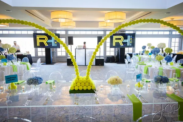 Tennis ball balloon arch over the head table at Ryan's Bar Mitzvah