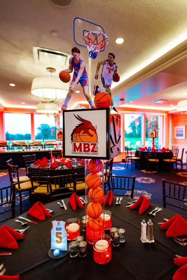 Basketball centerpiece with player cutouts and jersey table number