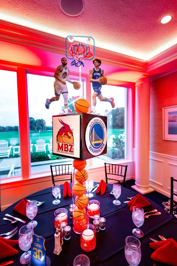 Warriors themed basketball centerpiece at Mike's Bar Mitzvah