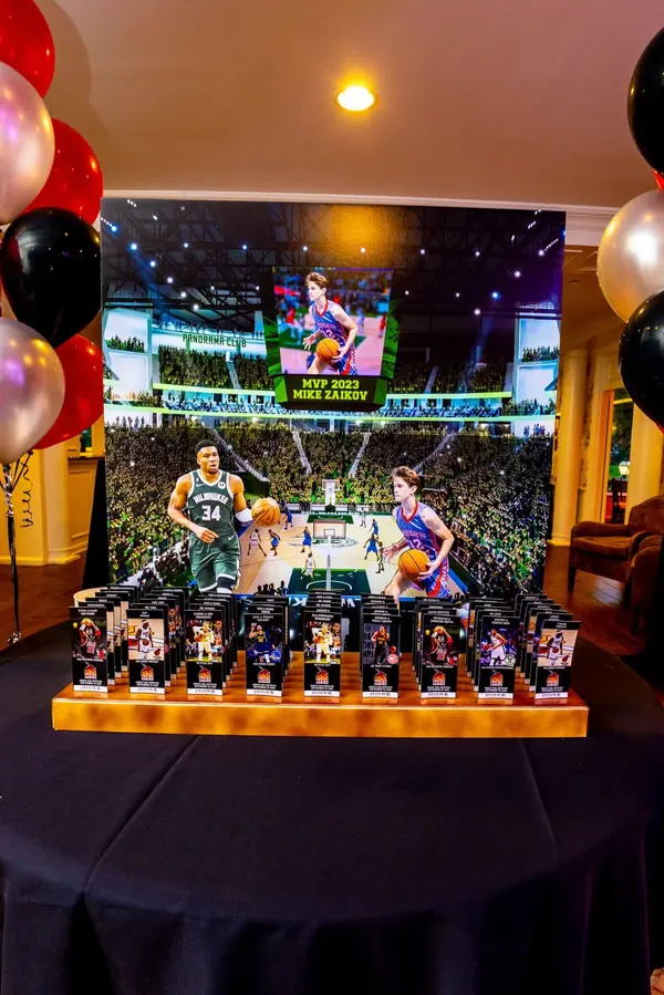 Basketball arena escort card display at Mike's Bar Mitzvah