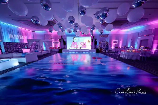 Abby's Bat Mitzvah ballroom with ocean dance floor and balloon ceiling