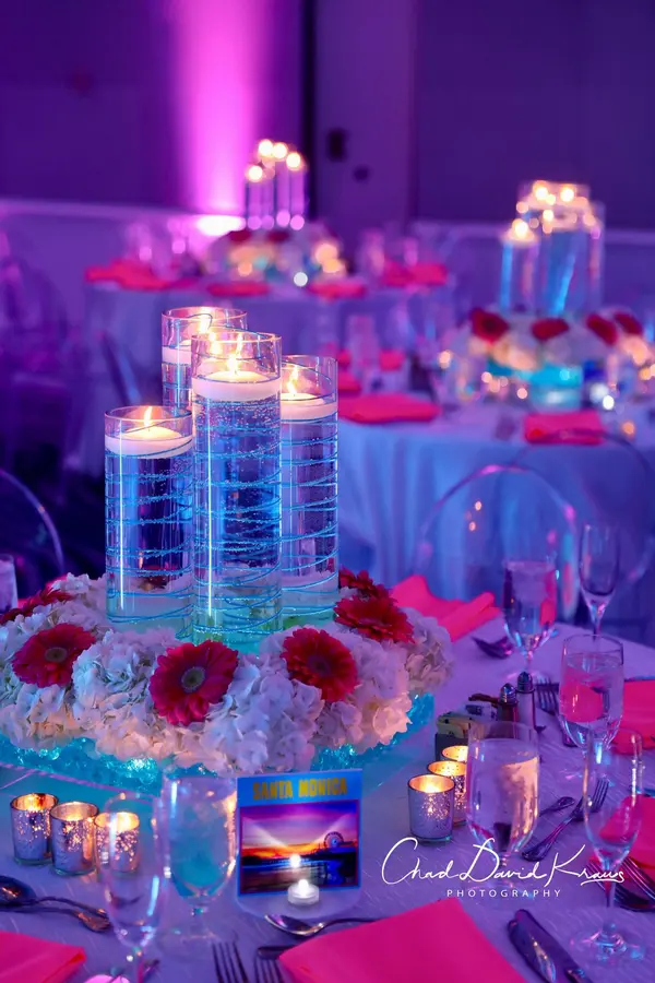 Candle centerpiece with Santa Monica table sign at Abby's Bat Mitzvah