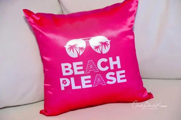 Hot pink Beach Please logo pillow at Abby's Bat Mitzvah