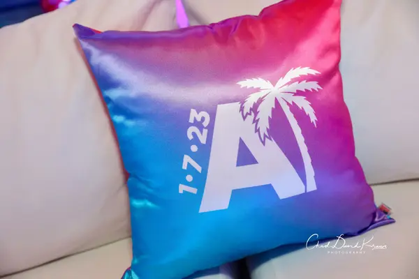 Pink and blue ombre A palm logo pillow at Abby's Bat Mitzvah