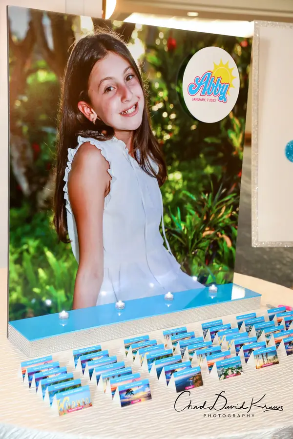 Photo poster and escort card display at Abby's Bat Mitzvah