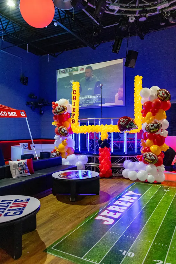 Chiefs balloon goal post beside the lounge at Jeremy's Bar Mitzvah