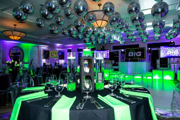 Chrome balloon ceiling over Ben's Bar Mitzvah dining tables and dance floor
