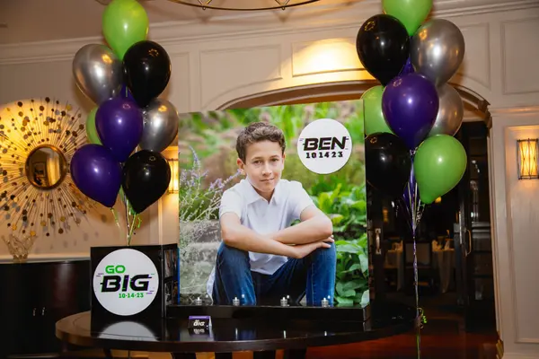 Ben's Bar Mitzvah photo poster with Go Big sign and balloon bouquets