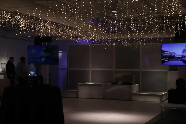 Fairy light ceiling canopy over the stage at Emme's Bat Mitzvah