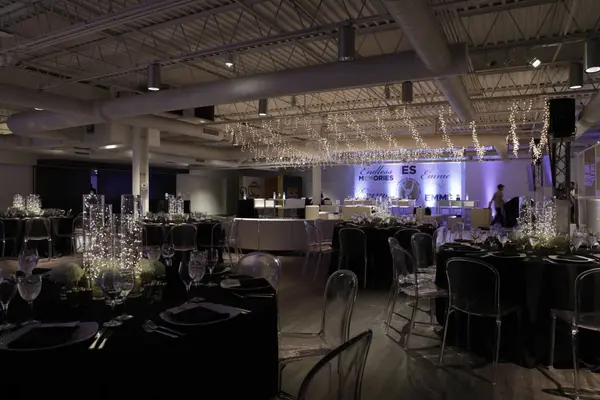 Dining room with fairy light ceiling and Emme logo backdrop wall