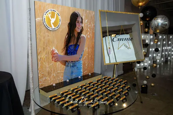 Emme's Bat Mitzvah escort card table with photo board and sign-in mirror