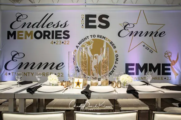 Emme logo backdrop wall behind the kids' table at Emme's Bat Mitzvah