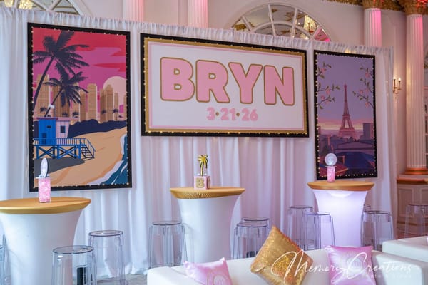 Hand Cut Backdrop with Blow Up Travel Theme Posters