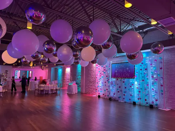 Metallic Silver Orb & White Latex Balloon Ceiling