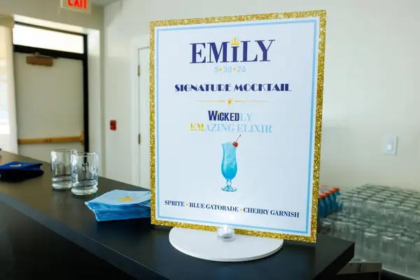 Emily's Bat Mitzvah signature mocktail sign with gold glitter border
