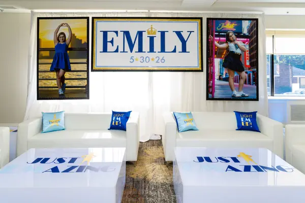 Emily's Bat Mitzvah lounge with Just Emazing LED tables and logo backdrop