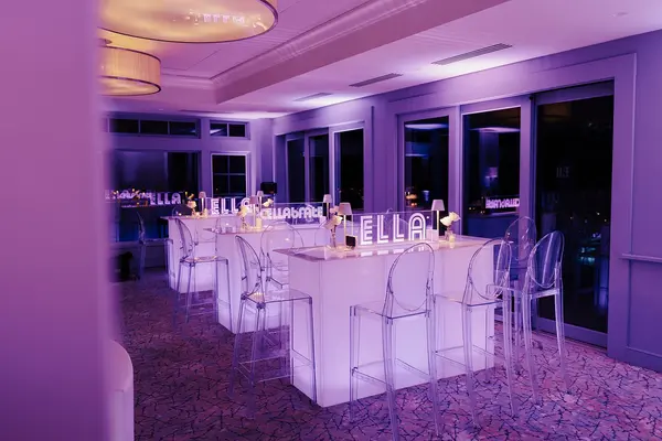 Ella's Bat Mitzvah glowing high-top tables with Ella marquee signs