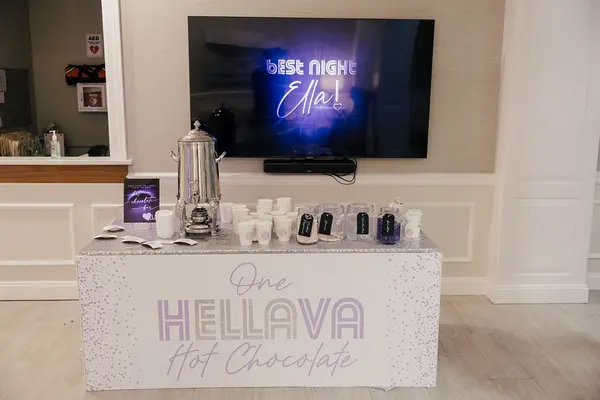 Ella's Bat Mitzvah One Hellava Hot Chocolate station with table wrap
