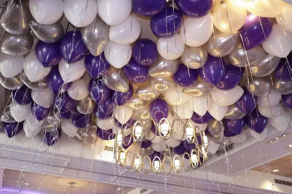 Purple and Silver Balloons on Ceiling