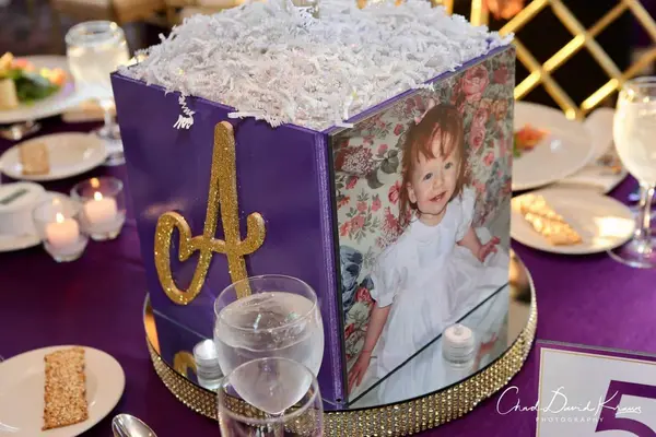 Purple and Gold Bat Mitzvah Cube Centerpiece