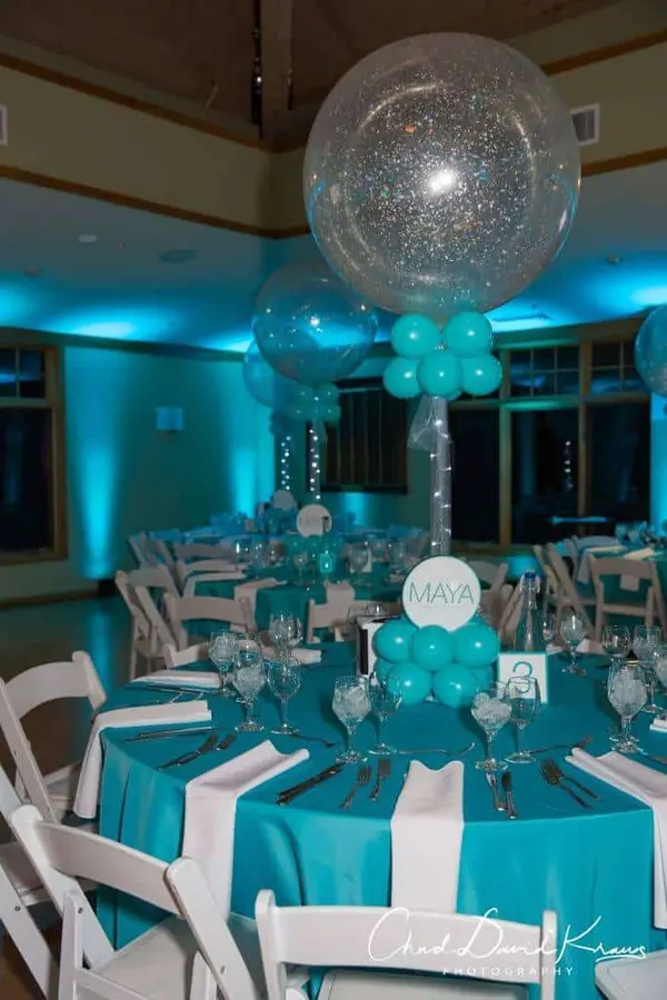 Tiffany and Silver Balloon Centerpiece