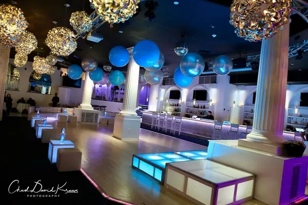 Pale Blue and Silver Balloons over Dance Floor